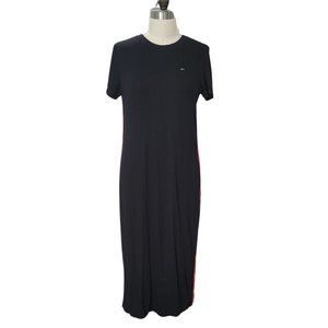 BLACK RIBBED KNIT TOMMY HILFIGER EASY DRESS WITH SIDE SLIT & STRIPE SIZE L